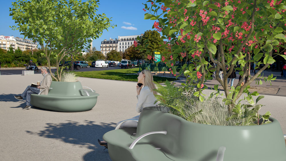 Le bac Opsa présenté par Rainbeau sur le Salon des maires a été conçu pour apporter de la fraîcheur en ville, les plantations sont irriguées par l'eau de pluie récupérée dans le mobilier.