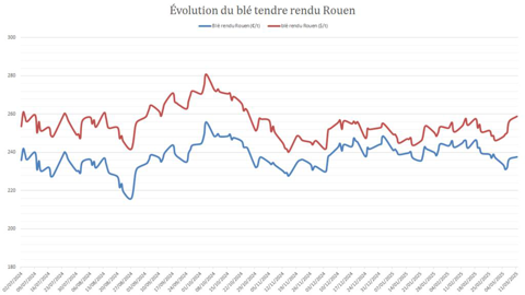 Les cours du blé déclinent en euro mais restent fermes en dollar.