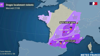 Météo-France prévoit une dégradation pluvio-orageuse du sud-ouest au nord-est du pays en cours d'après-midi ce mercredi 27 août 2025 qui se prolongera durant la nuit. Météo-France prévoit une dégradation pluvio-orageuse du sud-ouest au nord-est du pays en cours d'après-midi ce mercredi 27 août 2025 qui se prolongera durant la nuit.