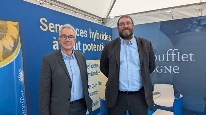 Christophe Passelande, DG de Soufflet agriculture et Soufflet vigne, et Antoine de Zutter, DG de Soufflet agriculture France, jeudi 4 septembre, à la Foire de Châlons.