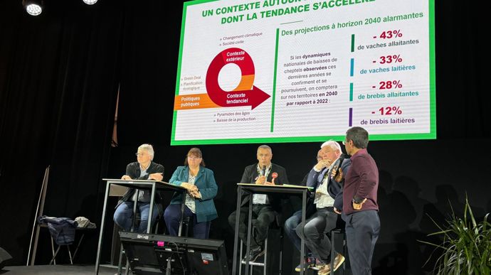 Au Sommet de l'élevage, le Sidam cherche à montrer la durabilité des élevages de la zone pour affronter les prévisions de baisse du cheptel bovin d'ici à 2040 par rapport à 2022 (-33% de vaches laitières et -43% de vaches allaitantes).