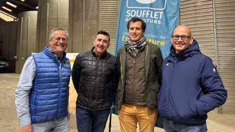 Eric Leseur (à g.), référent technique ACS, au côté de trois clients agriculteurs de Soufflet agriculture déjà impliqués dans Performances, Fabrice Lugnier, François Piot et Thierry Voirin. Tous trois ont témoigné de leur expérience lors du lancement du programme d’agriculture régénératrice du négoce, lundi 3 novembre, à Manois (Haute-Marne).