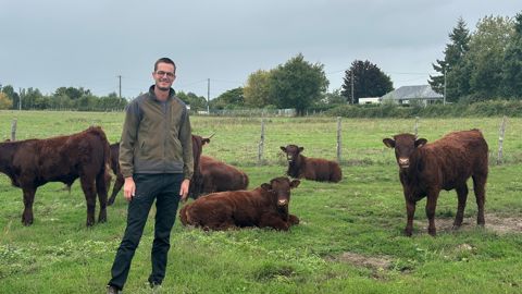 Benoît Poitou fait vêler ses 65 salers au printemps pour viser l'autonomie fourragère et valoriser ses prairies.