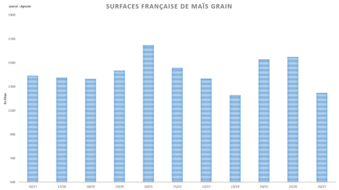Agreste annonce une forte baisse des surfaces françaises de maïs grain.