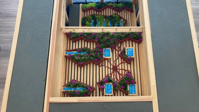 Cette vue par-dessus montre le projet de végétalisation (par le groupe 3 lauréat : Grégoire Herbinet, Rémy Thouvenin, Antonin Jaquel, Tom Rodriguez) des deux terrasses pour le Forum.