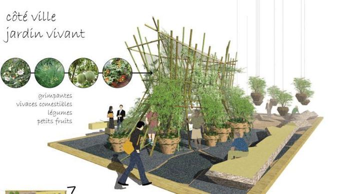 4.Dans son « Jardin des villes, jardin des champs, jardin vivant », Guillaume Lachana cherche à réunir deux mondes en traitant le sujet de la fertilité des sols. Côté ville, de vieilles croûtes d’enrobé, côté campagne, la terre et des arbres en lévitation…