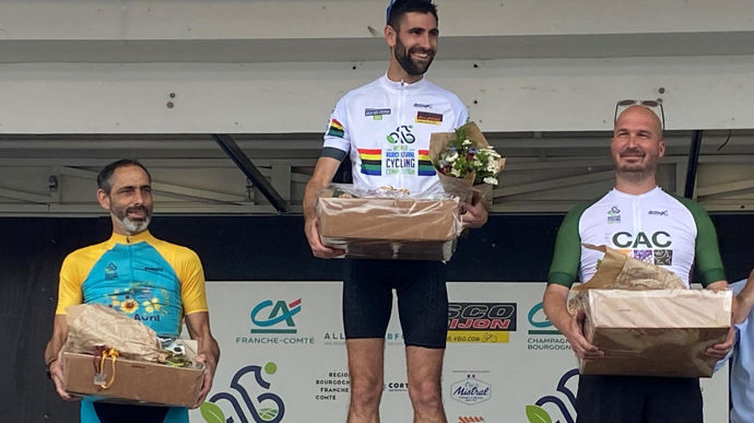 Le podium de la course Découverte : 1er, Maxime Battistelli (Altervia Gamm Vert), 2e, Gilles Robillard (Terres Inovia), et 3e, Frédéric Martello (Cac 68).