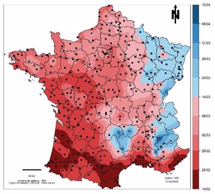 Prévision d’atteinte du stade épi 1 cm pour de l’orge d’hiver semée à une date normale (variétés et date de semis ajustées à la région en moyenne pluriannuelle)