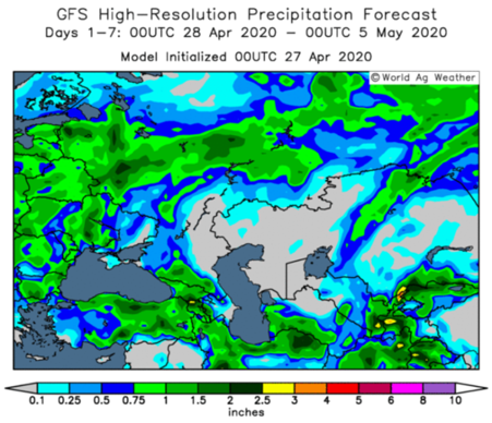 Prévision de pluies à 7 jours sur l'Europe de l'Est